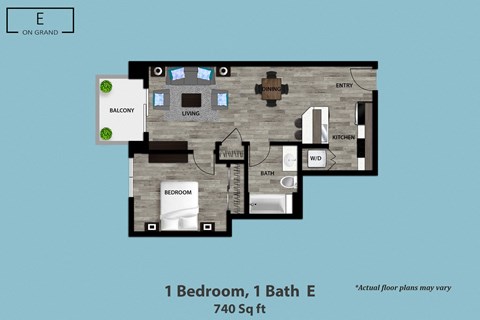Floor plan for 1 bed, 1 bath, 740 sqft